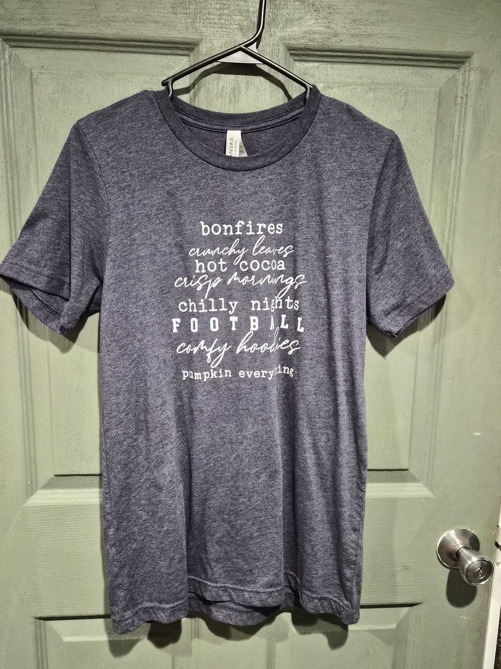 Bella Canvas Heather Navy Short-Sleeve Tee with White Fall Text